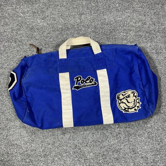 Vintage Polo Ralph Lauren Duffel Bag Bulldog Letterman Blue - Picture 1 of 13